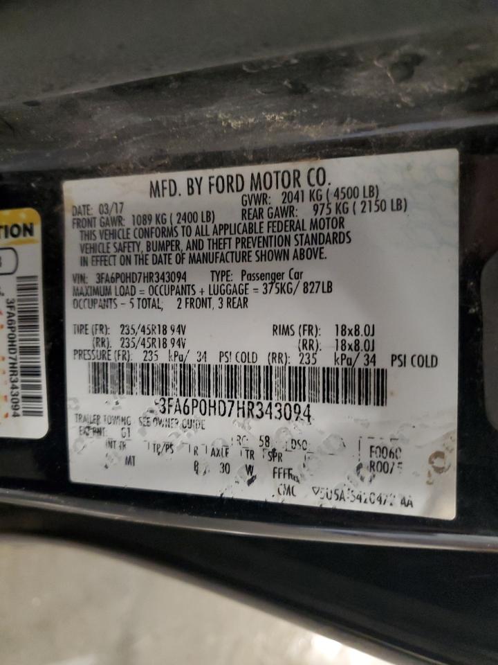 2017 Ford Fusion Se VIN: 3FA6P0HD7HR343094 Lot: 89676035