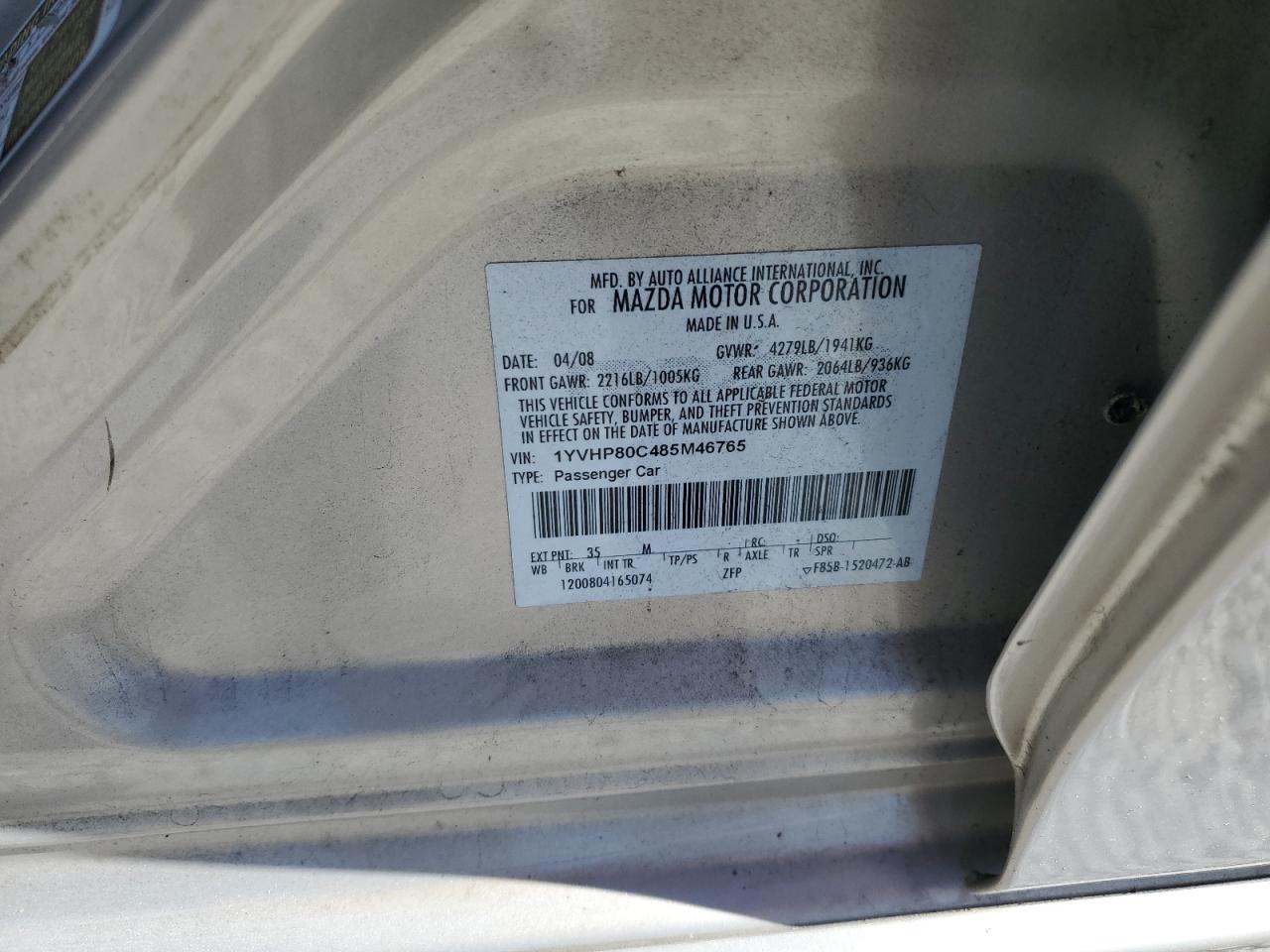 2008 Mazda 6 I VIN: 1YVHP80C485M46765 Lot: 82312845