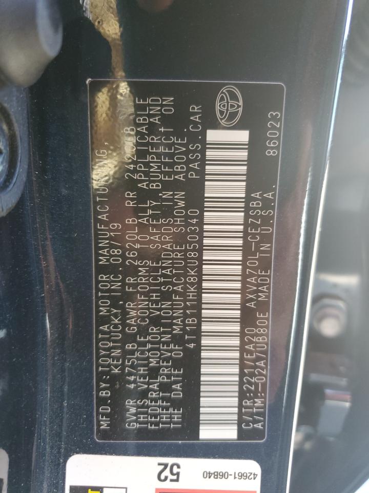 2019 Toyota Camry L VIN: 4T1B11HK8KU850340 Lot: 82186925