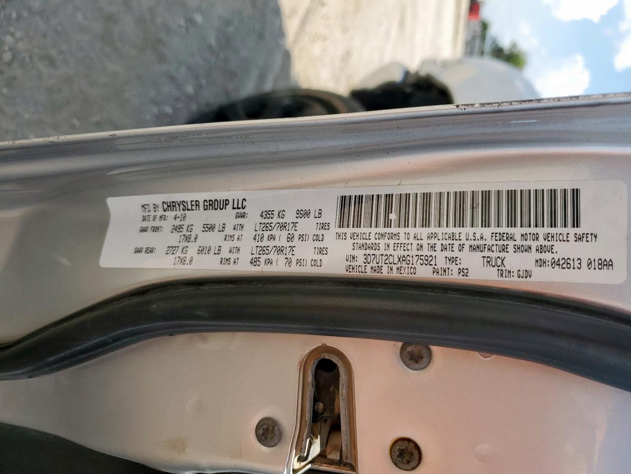 2010 Dodge Ram 2500 VIN: 3D7UT2CLXAG175921 Lot: 71476435