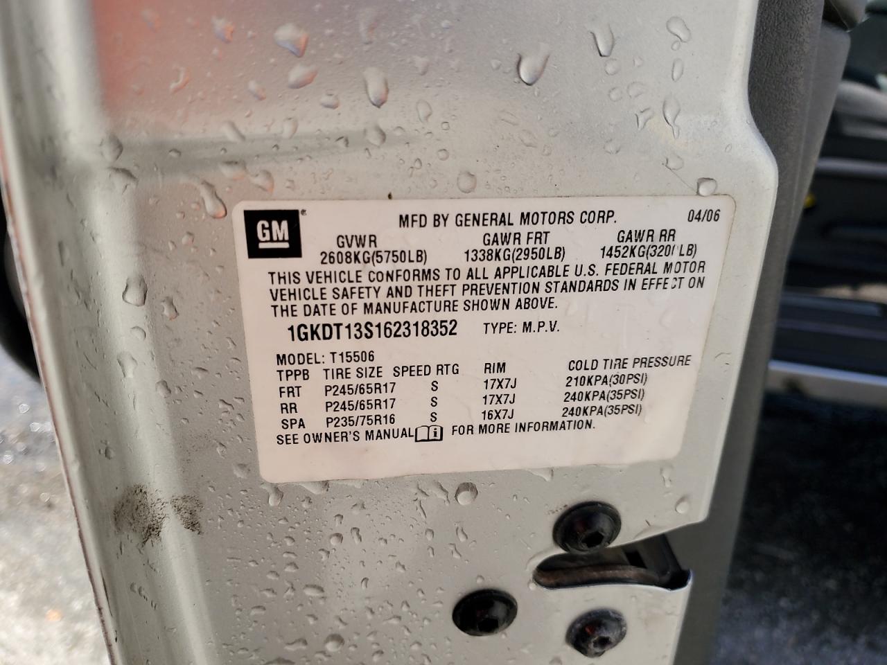 2006 GMC Envoy VIN: 1GKDT13S162318352 Lot: 84435545