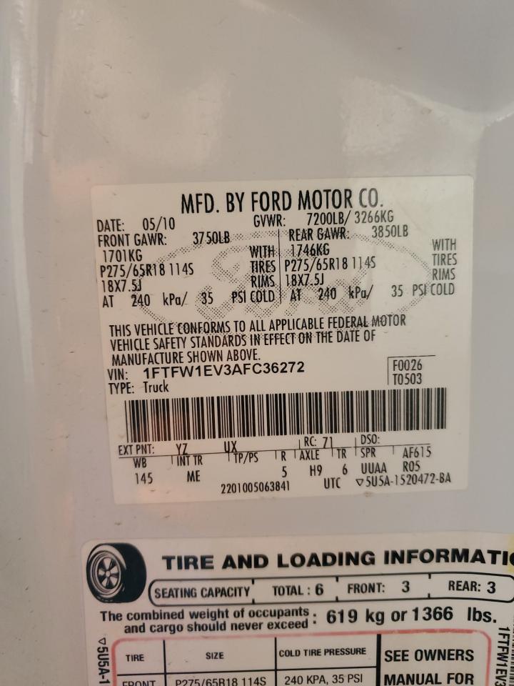 2010 Ford F150 Supercrew VIN: 1FTFW1EV3AFC36272 Lot: 91076935