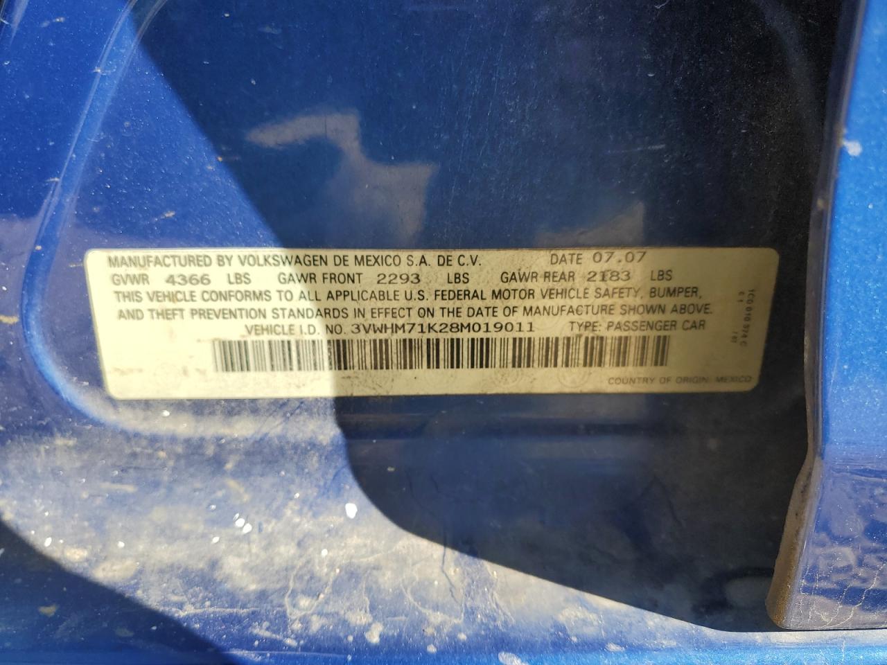 2008 Volkswagen Jetta S VIN: 3VWHM71K28M019011 Lot: 82537815