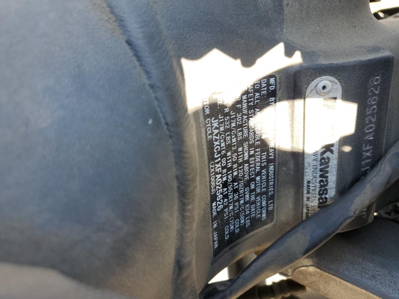 2015 Kawasaki Zx1000 J VIN: JKAZXCJ1XFA025626 Lot: 85359075