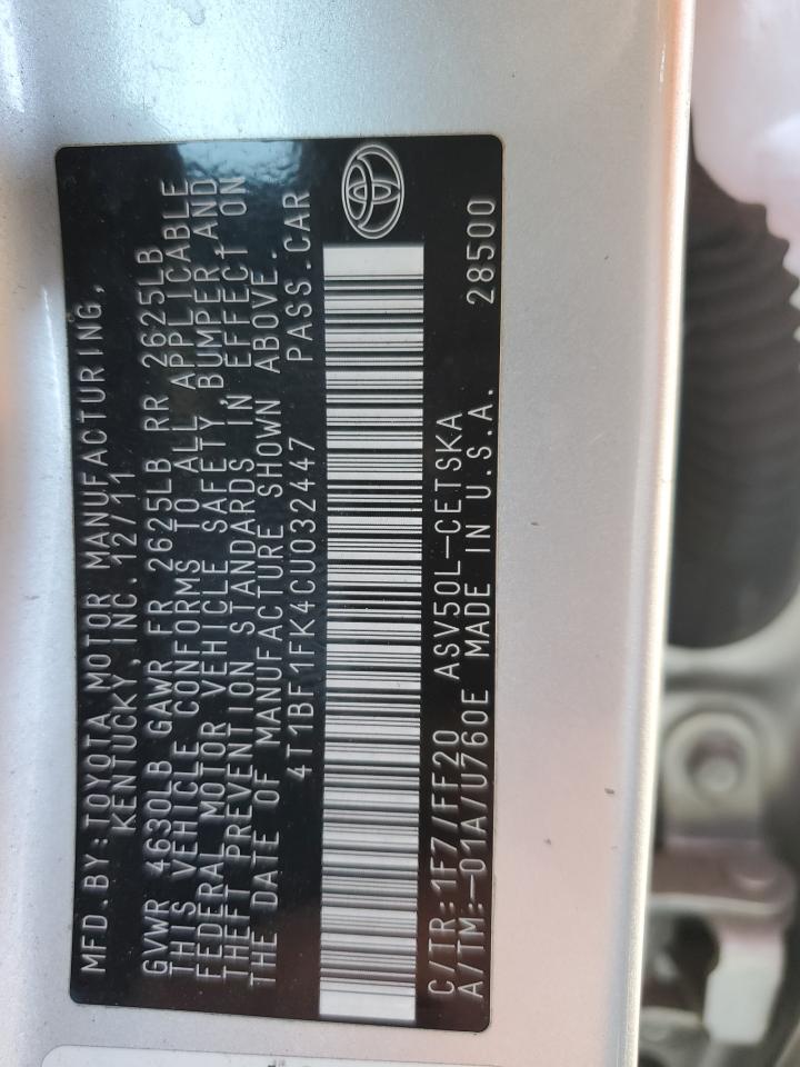 2012 Toyota Camry Base VIN: 4T1BF1FK4CU032447 Lot: 82320465