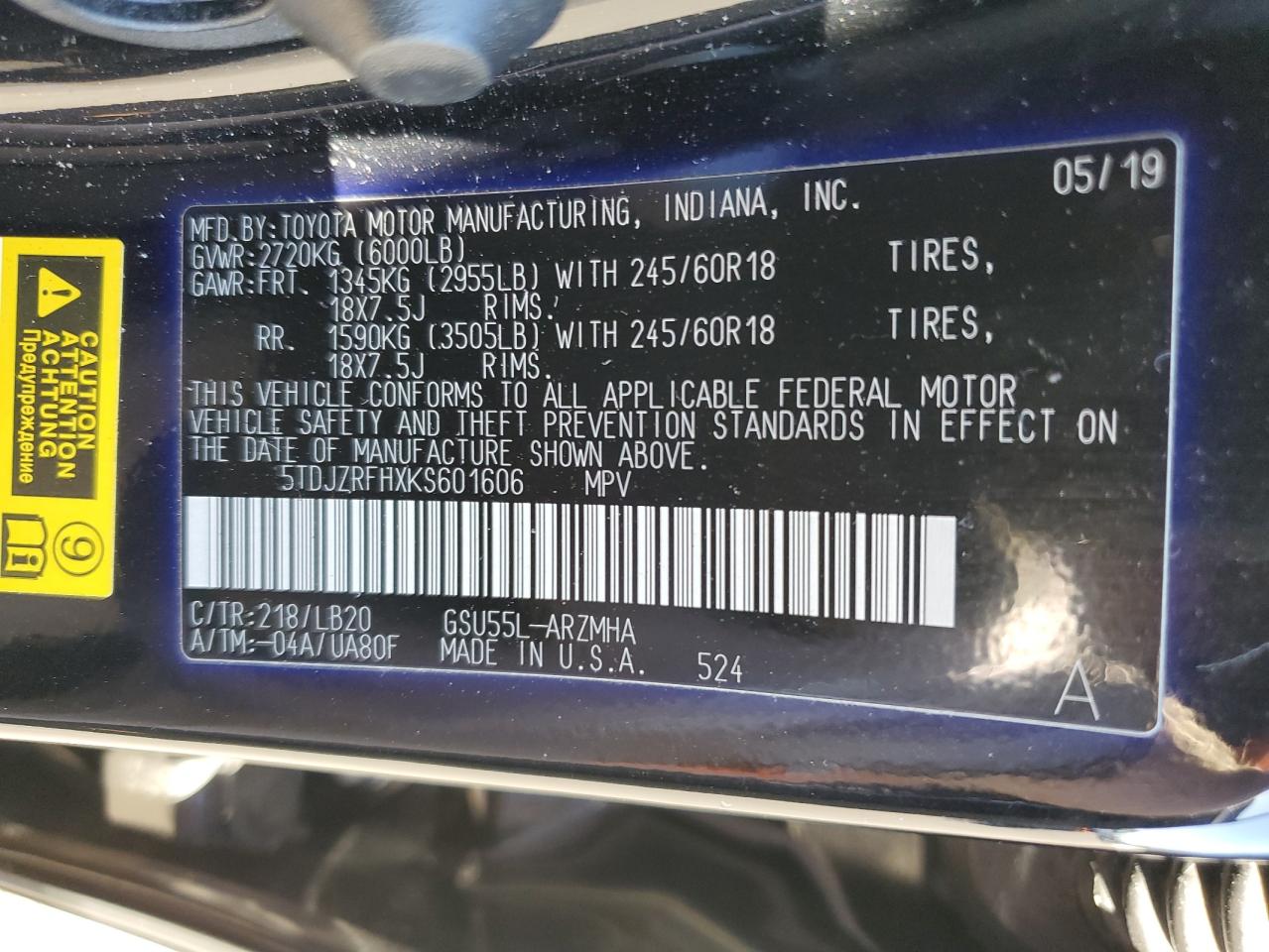 2019 Toyota Highlander Se VIN: 5TDJZRFHXKS601606 Lot: 82395125