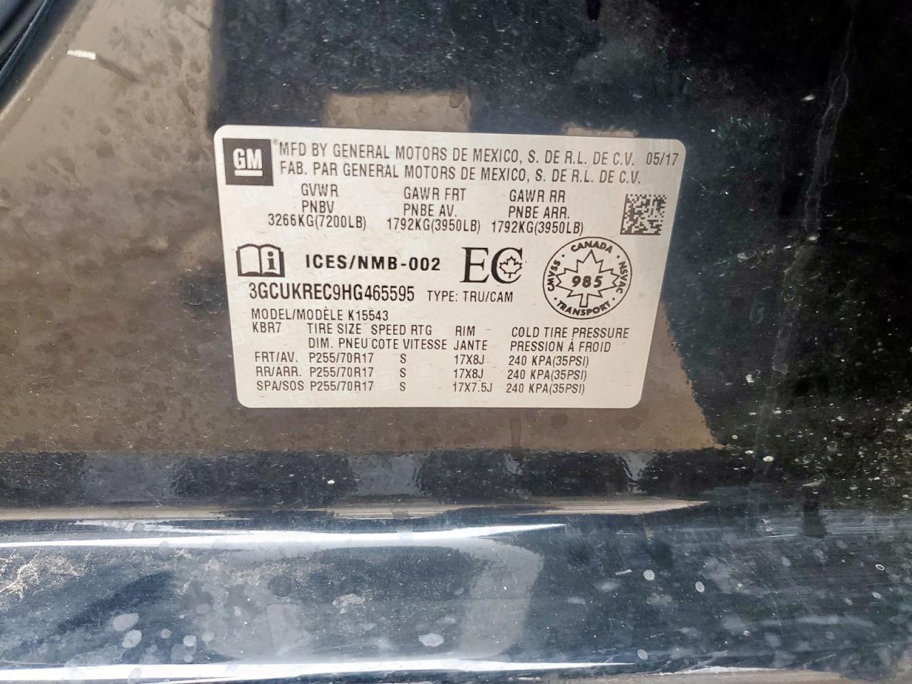 2017 Chevrolet Silverado K1500 Lt VIN: 3GCUKREC9HG465595 Lot: 82298465