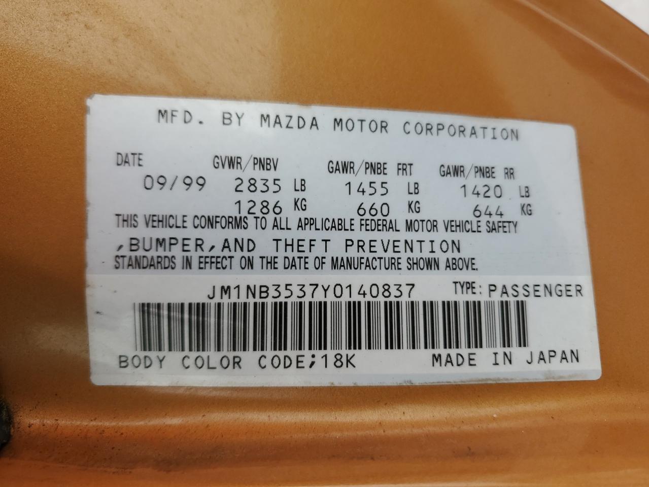 2000 Mazda Mx-5 Miata Base VIN: JM1NB3537Y0140837 Lot: 85178845
