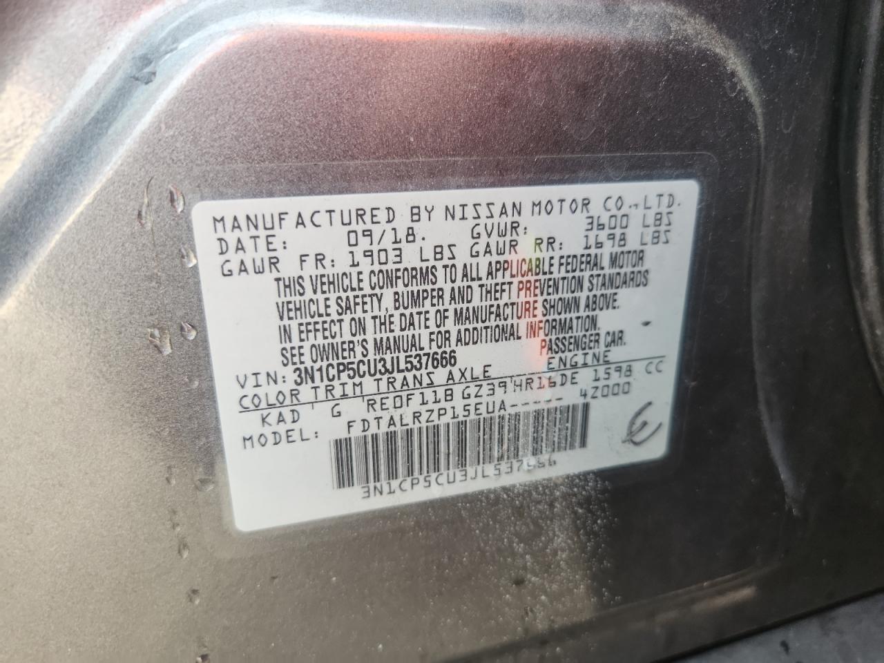 2018 Nissan Kicks S VIN: 3N1CP5CU3JL537666 Lot: 85333425