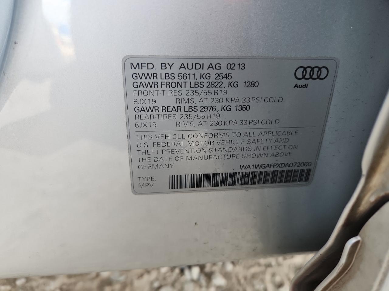 2013 Audi Q5 Prestige VIN: WA1WGAFPXDA072060 Lot: 82661425