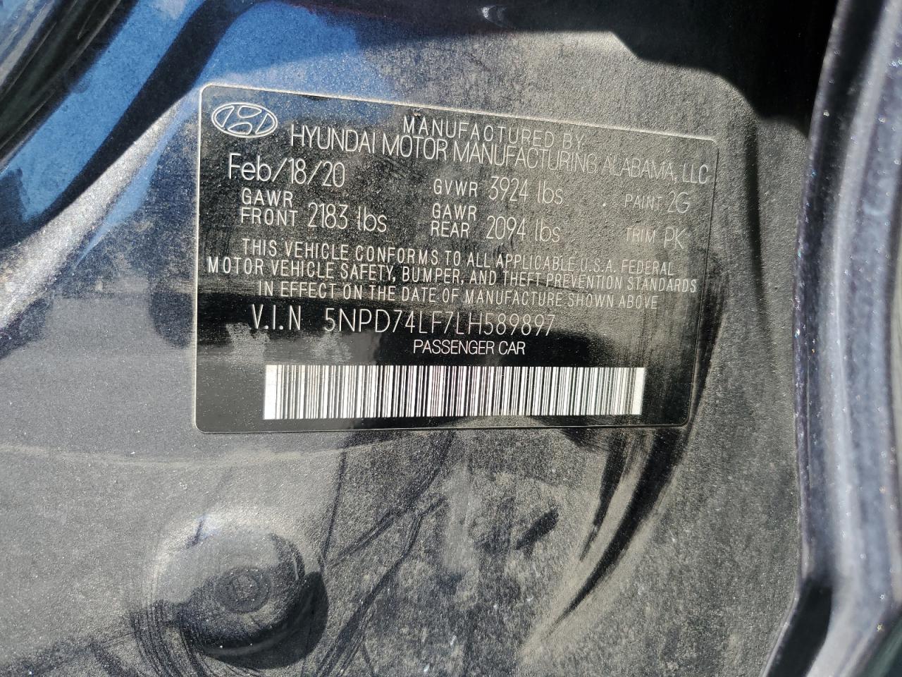 2020 Hyundai Elantra Se VIN: 5NPD74LF7LH589897 Lot: 86146755