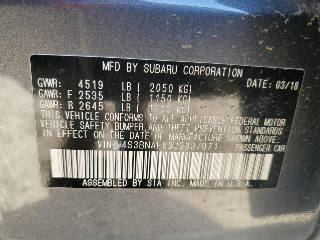 2018 Subaru Legacy 2.5I Premium VIN: 4S3BNAF63J3037071 Lot: 89480445