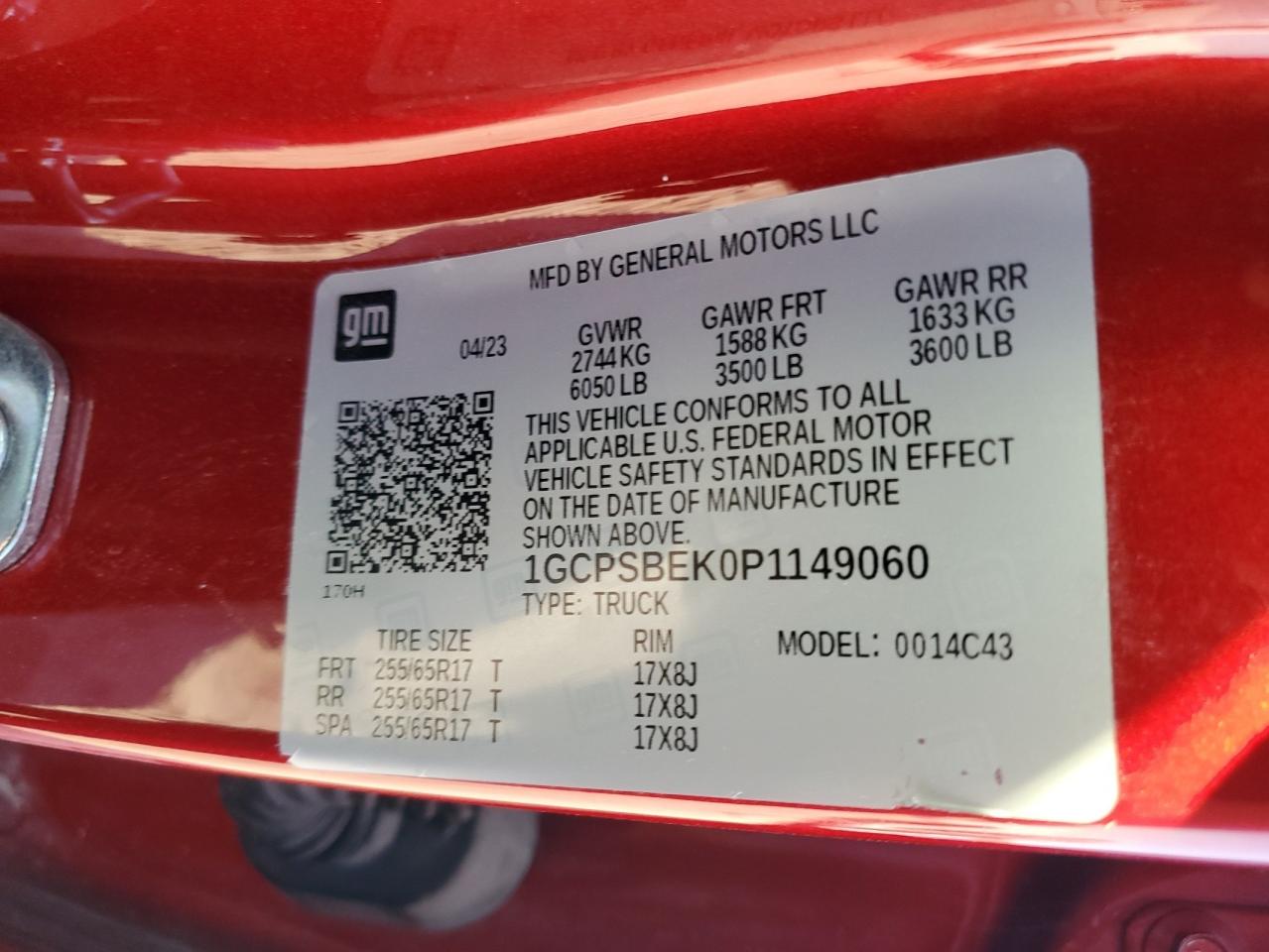 2023 Chevrolet Colorado VIN: 1GCPSBEK0P1149060 Lot: 86842165