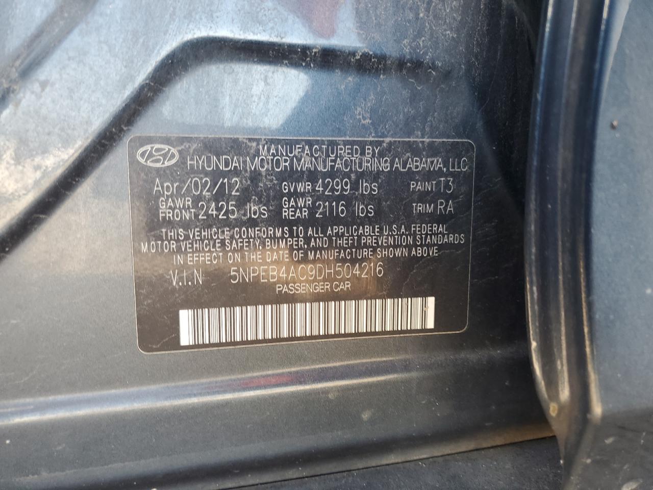 2013 Hyundai Sonata Gls VIN: 5NPEB4AC9DH504216 Lot: 84937725