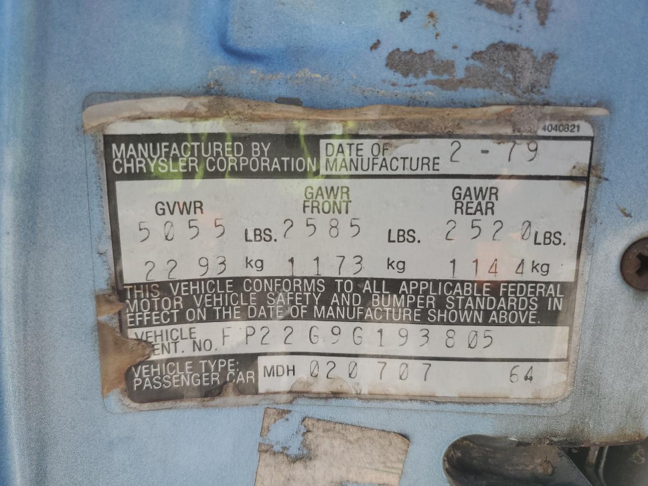 1979 Chrysler Lebaron VIN: FP22G9G193805 Lot: 86262155