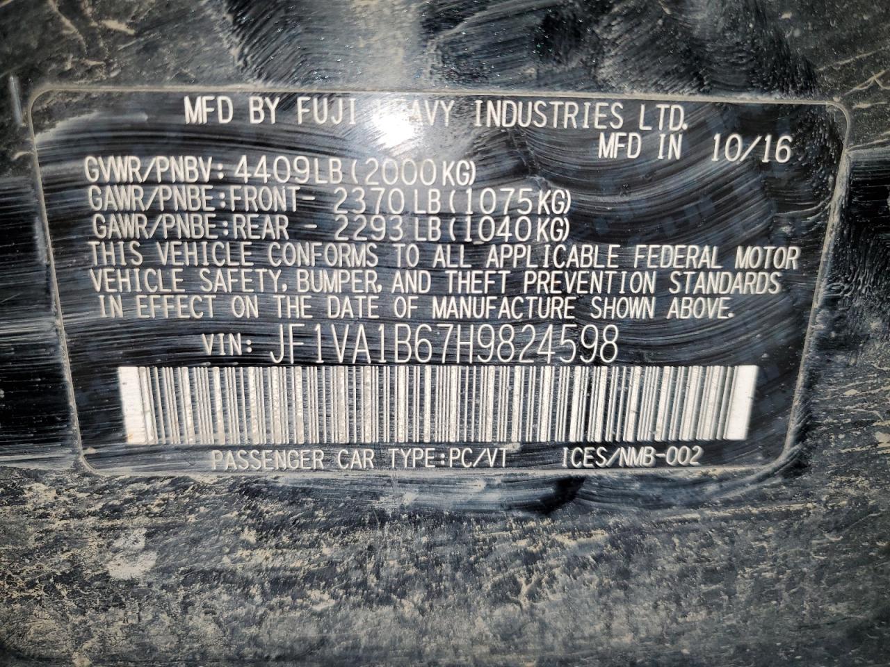 2017 Subaru Wrx VIN: JF1VA1B67H9824598 Lot: 82239405