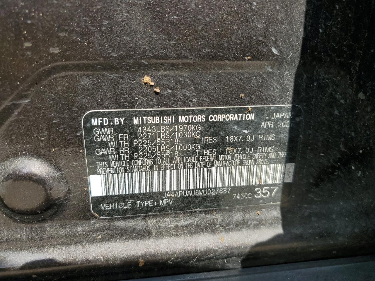 2021 Mitsubishi Outlander Sport Es VIN: JA4APUAU6MU027687 Lot: 82491535