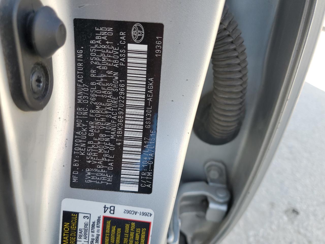 2007 Toyota Avalon Xl VIN: 4T1BK36B97U229661 Lot: 81931045