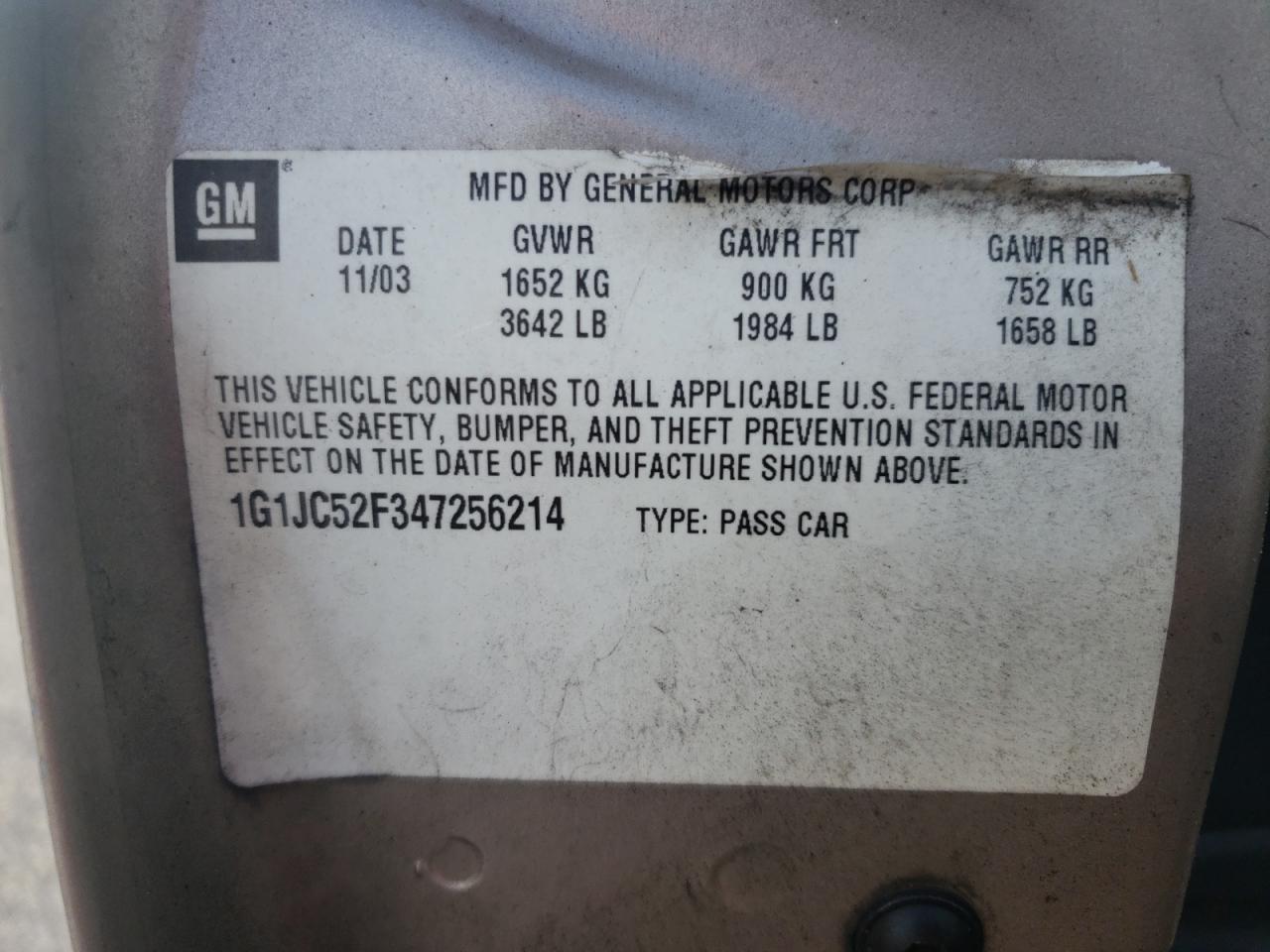 2004 Chevrolet Cavalier VIN: 1G1JC52F347256214 Lot: 81973345