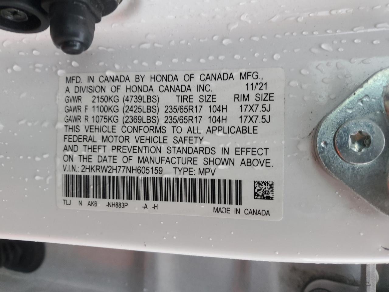 2022 Honda Cr-V Se VIN: 2HKRW2H77NH605159 Lot: 86202195