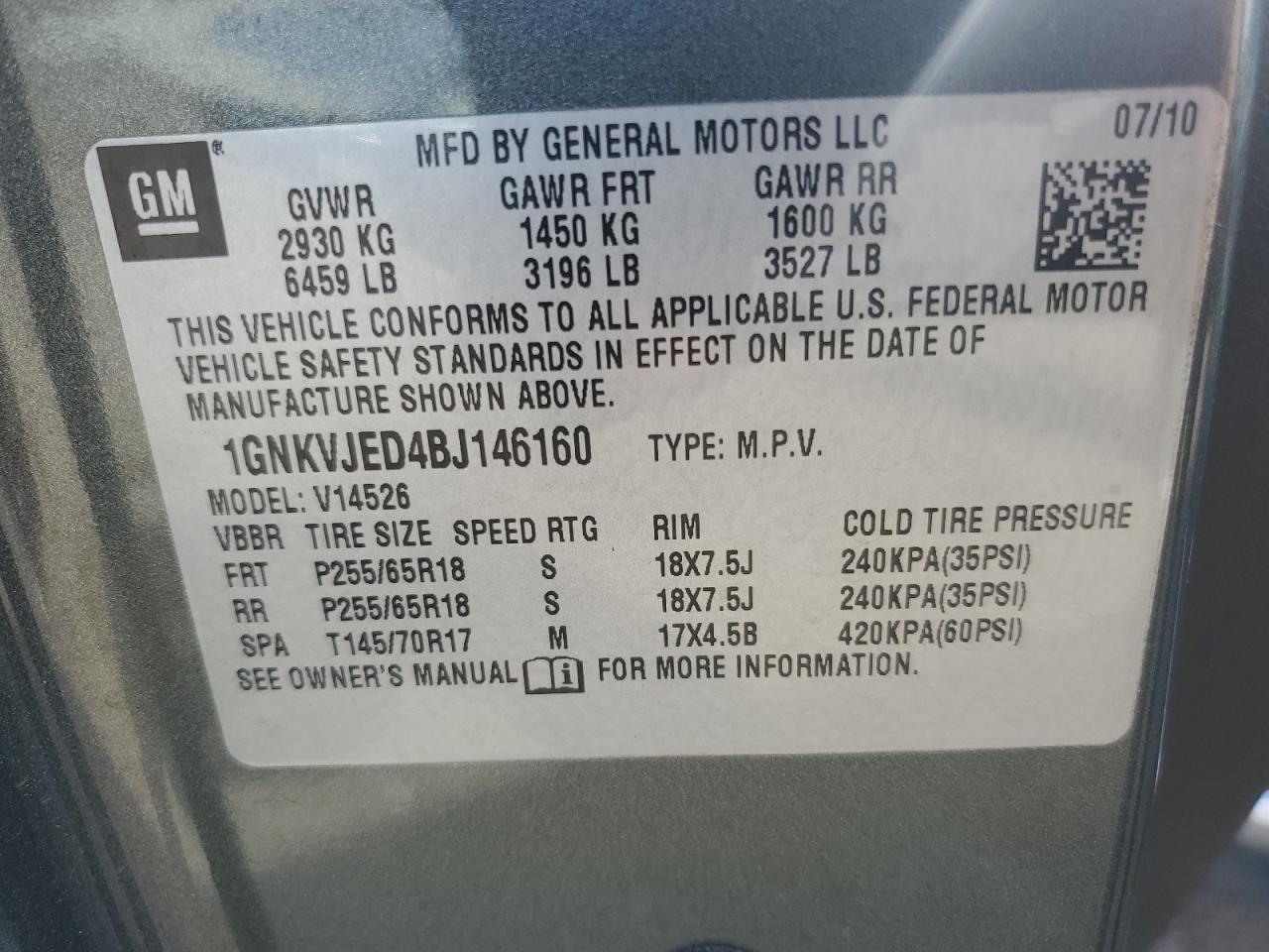 2011 Chevrolet Traverse Lt VIN: 1GNKVJED4BJ146160 Lot: 82506935