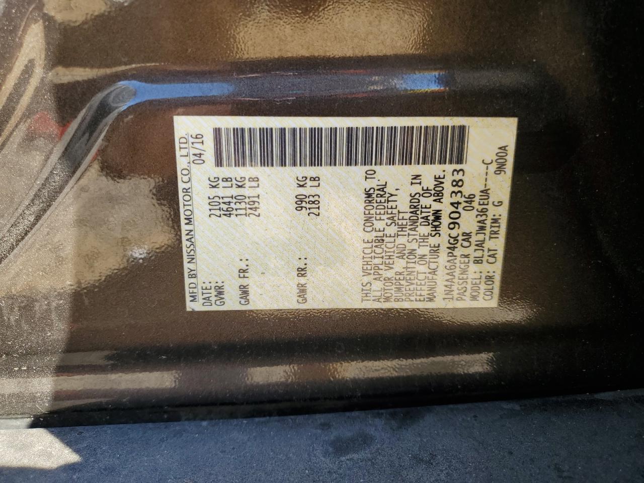 2016 Nissan Maxima 3.5S VIN: 1N4AA6AP4GC904383 Lot: 86091055