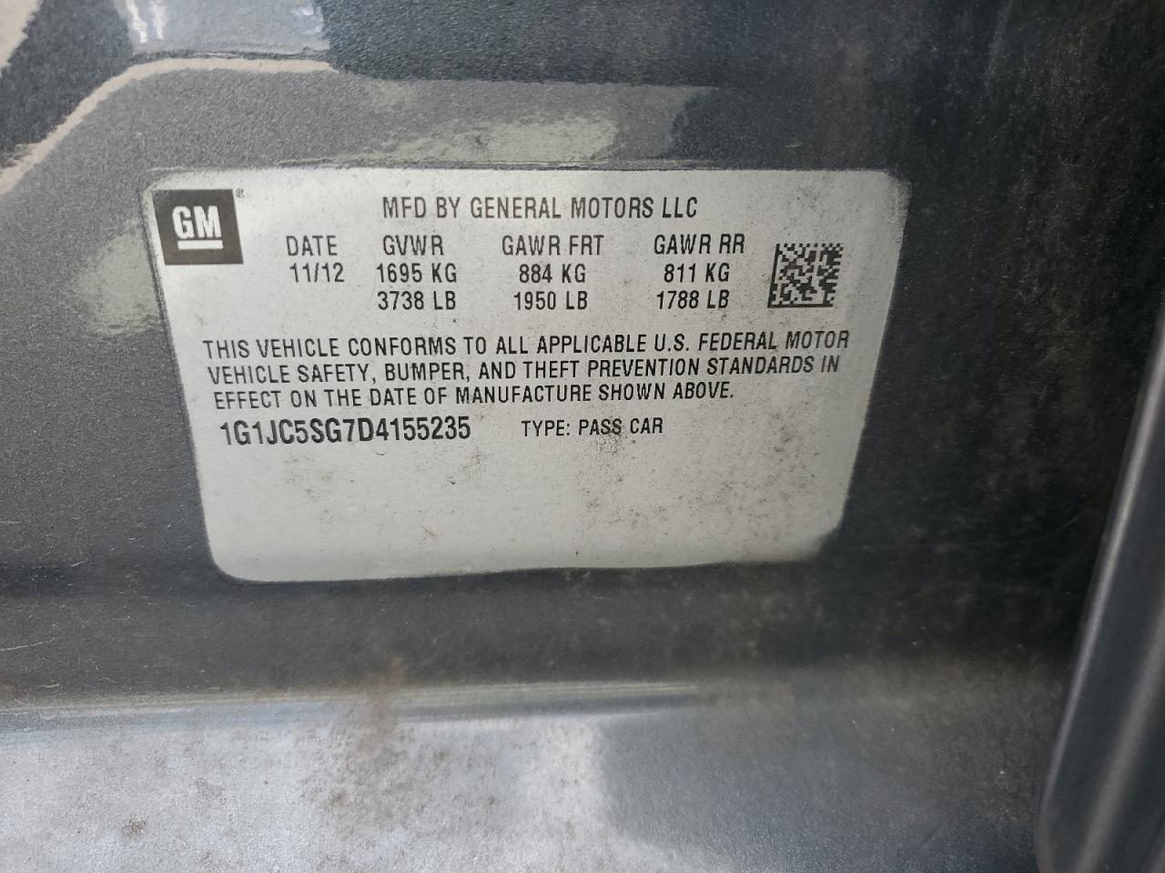 2013 Chevrolet Sonic Lt VIN: 1G1JC5SG7D4155235 Lot: 84739945