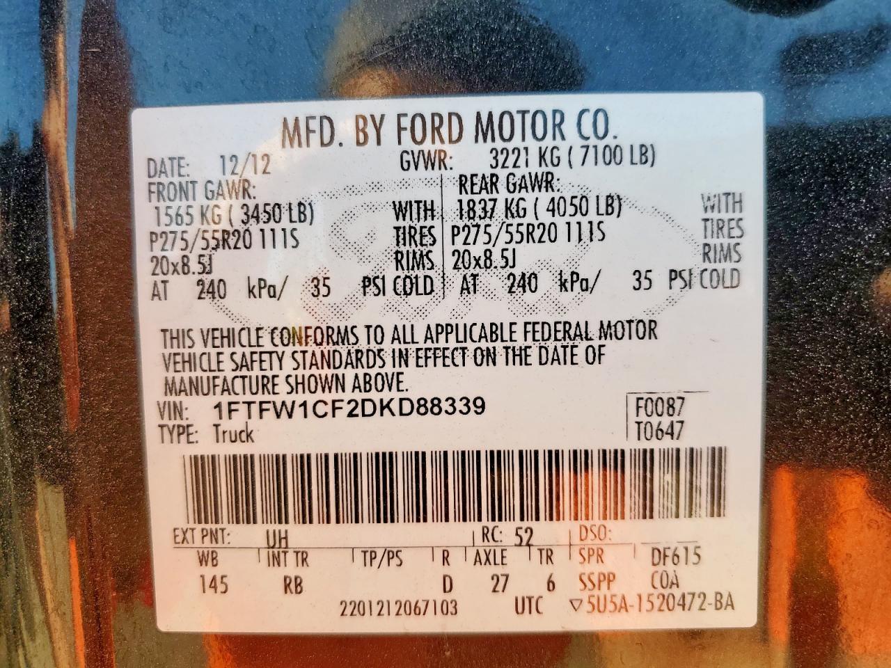 2013 Ford F150 Supercrew VIN: 1FTFW1CF2DKD88339 Lot: 85485975