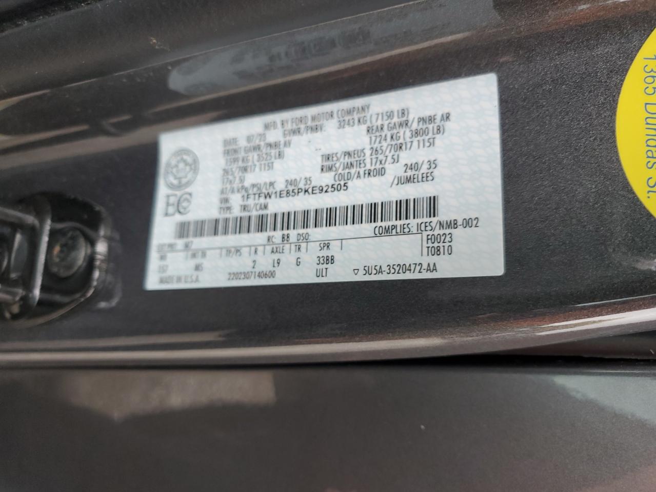 2023 Ford F150 Supercrew VIN: 1FTFW1E85PKE92505 Lot: 89930445