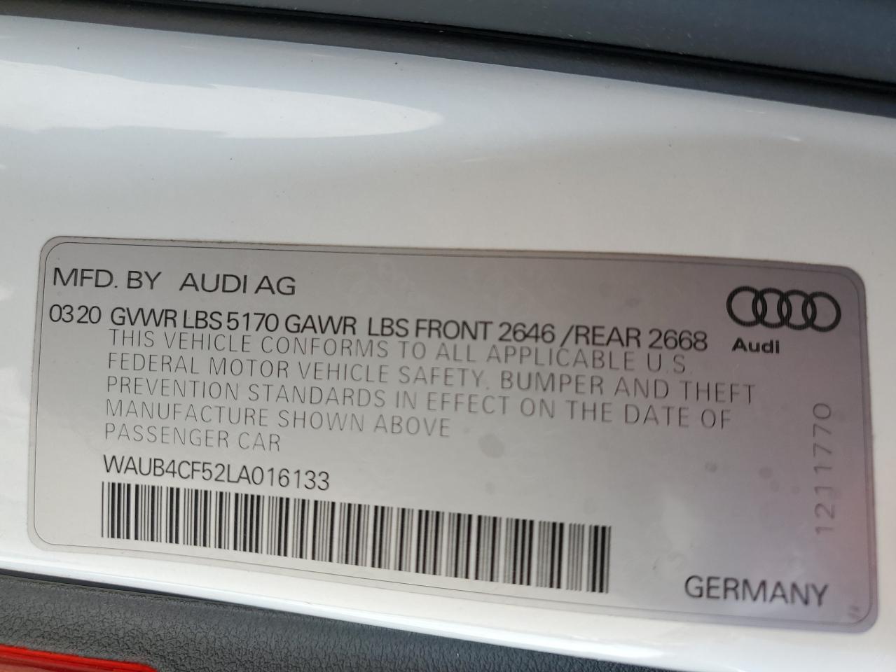 2020 Audi S5 Prestige VIN: WAUB4CF52LA016133 Lot: 89541305