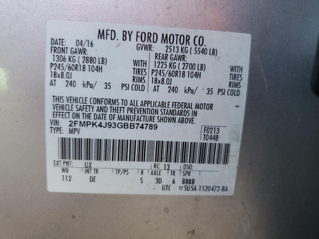 2016 Ford Edge Sel VIN: 2FMPK4J93GBB74789 Lot: 89507285