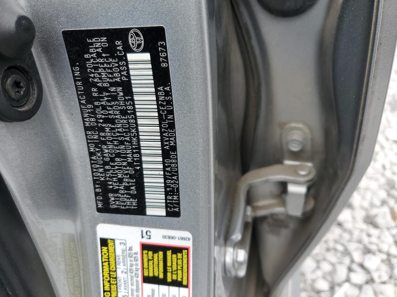 2019 Toyota Camry L VIN: 4T1B11HK5KU851851 Lot: 85186985