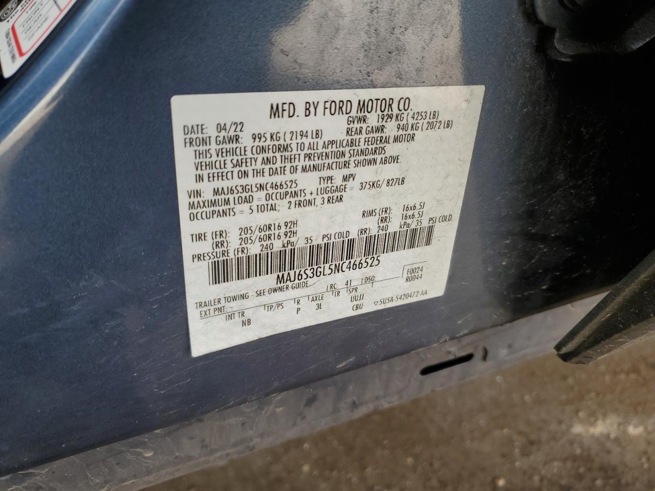 2022 Ford Ecosport Se VIN: MAJ6S3GL5NC466525 Lot: 90616505