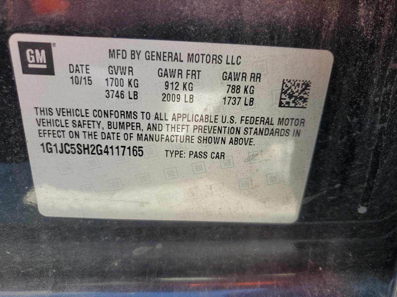 2016 Chevrolet Sonic Lt VIN: 1G1JC5SH2G4117165 Lot: 81867355