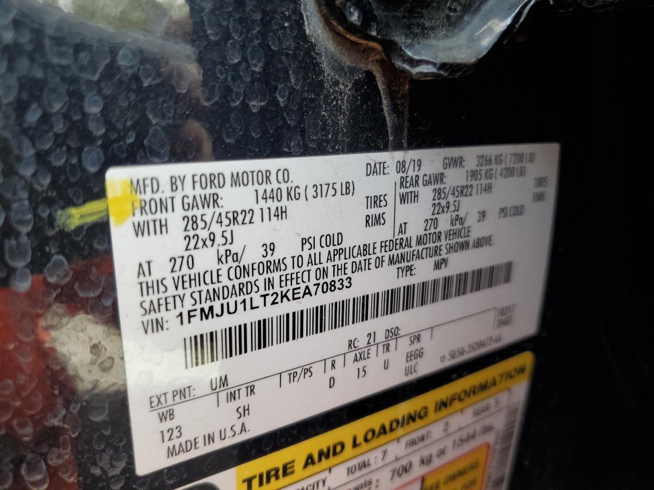 2019 Ford Expedition Platinum VIN: 1FMJU1LT2KEA70833 Lot: 81831235