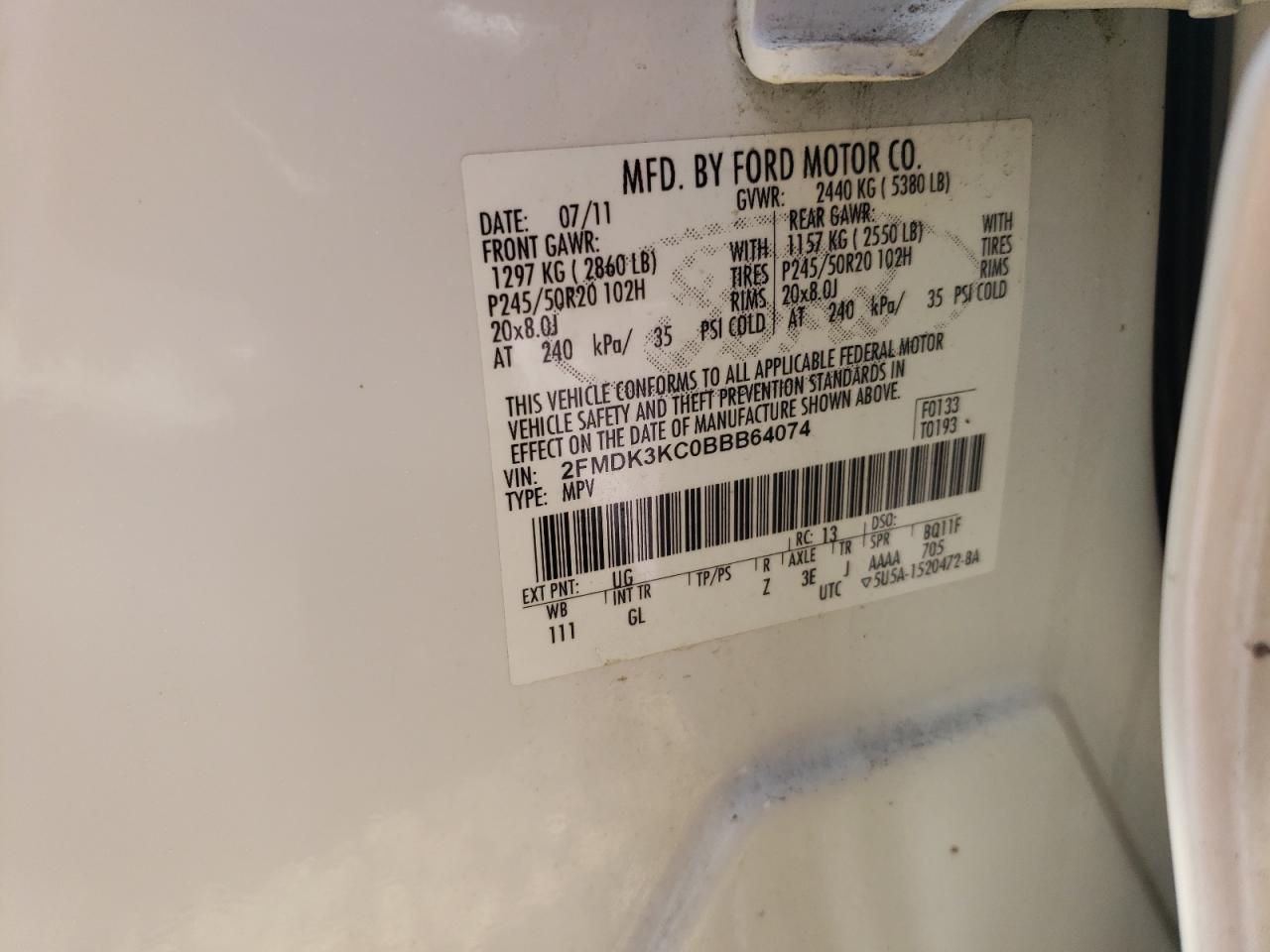 2011 Ford Edge Limited VIN: 2FMDK3KC0BBB64074 Lot: 55949235