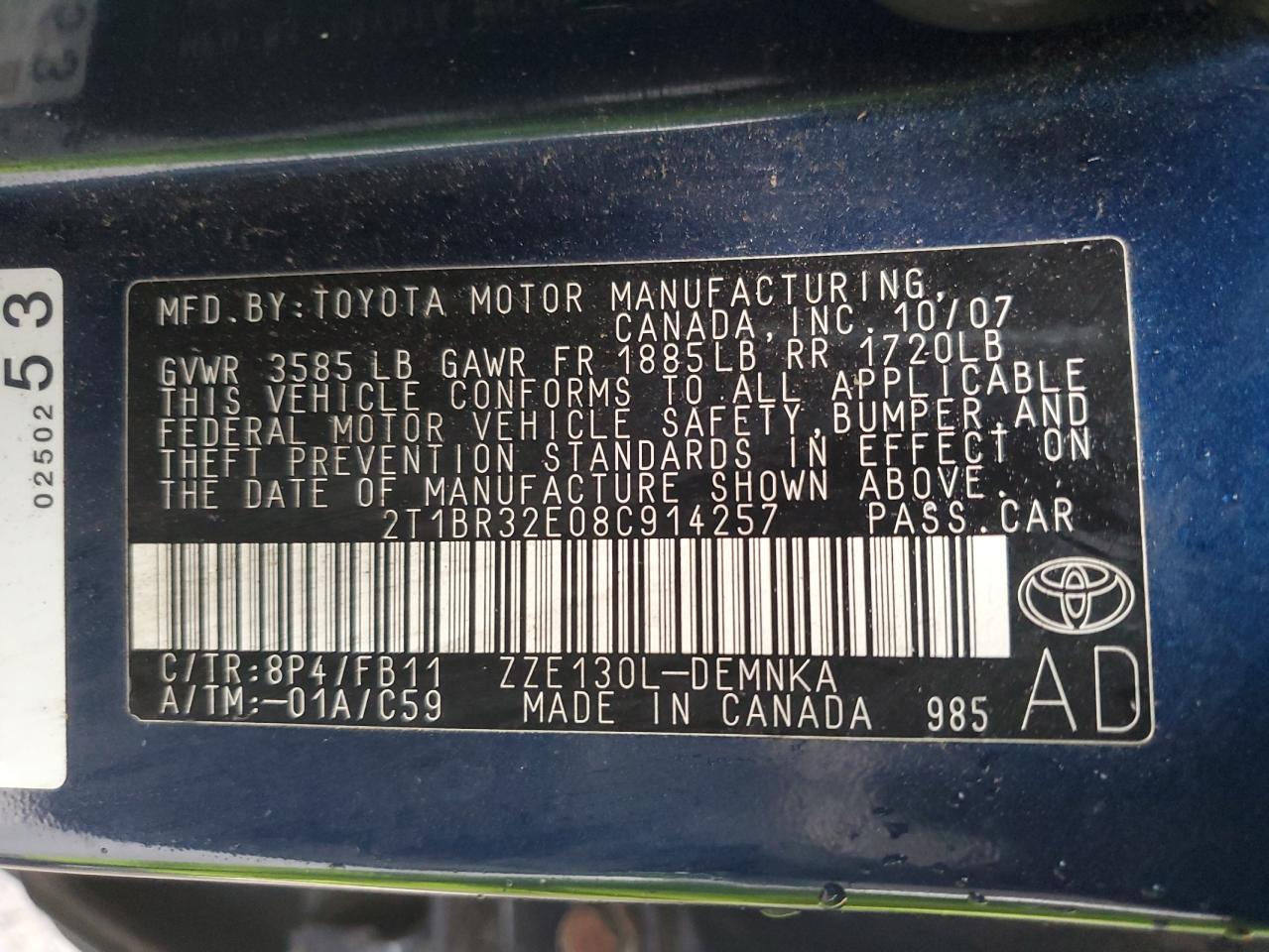 2008 Toyota Corolla Ce VIN: 2T1BR32E08C914257 Lot: 86698775