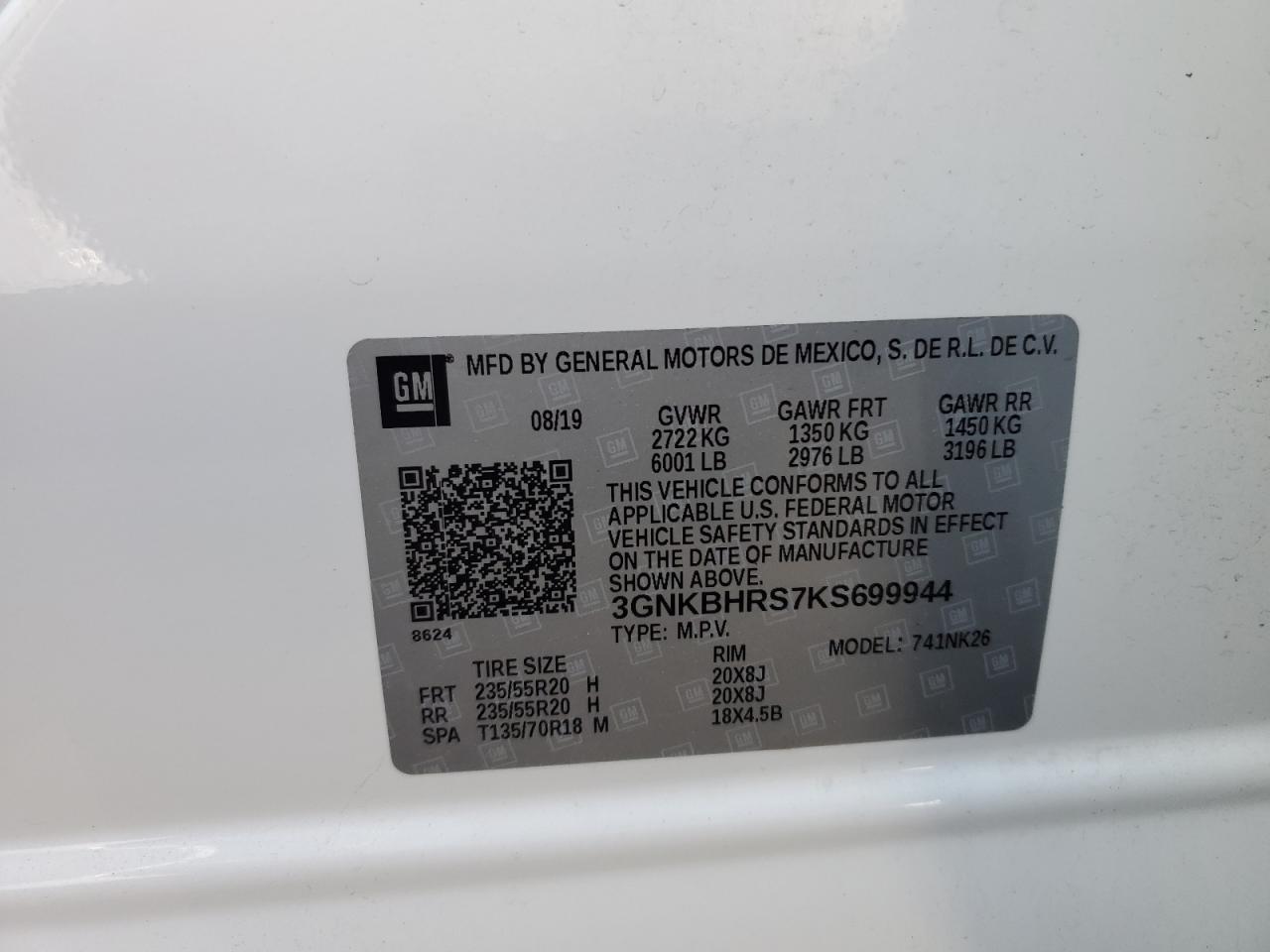 2019 Chevrolet Blazer 3Lt VIN: 3GNKBHRS7KS699944 Lot: 84935405