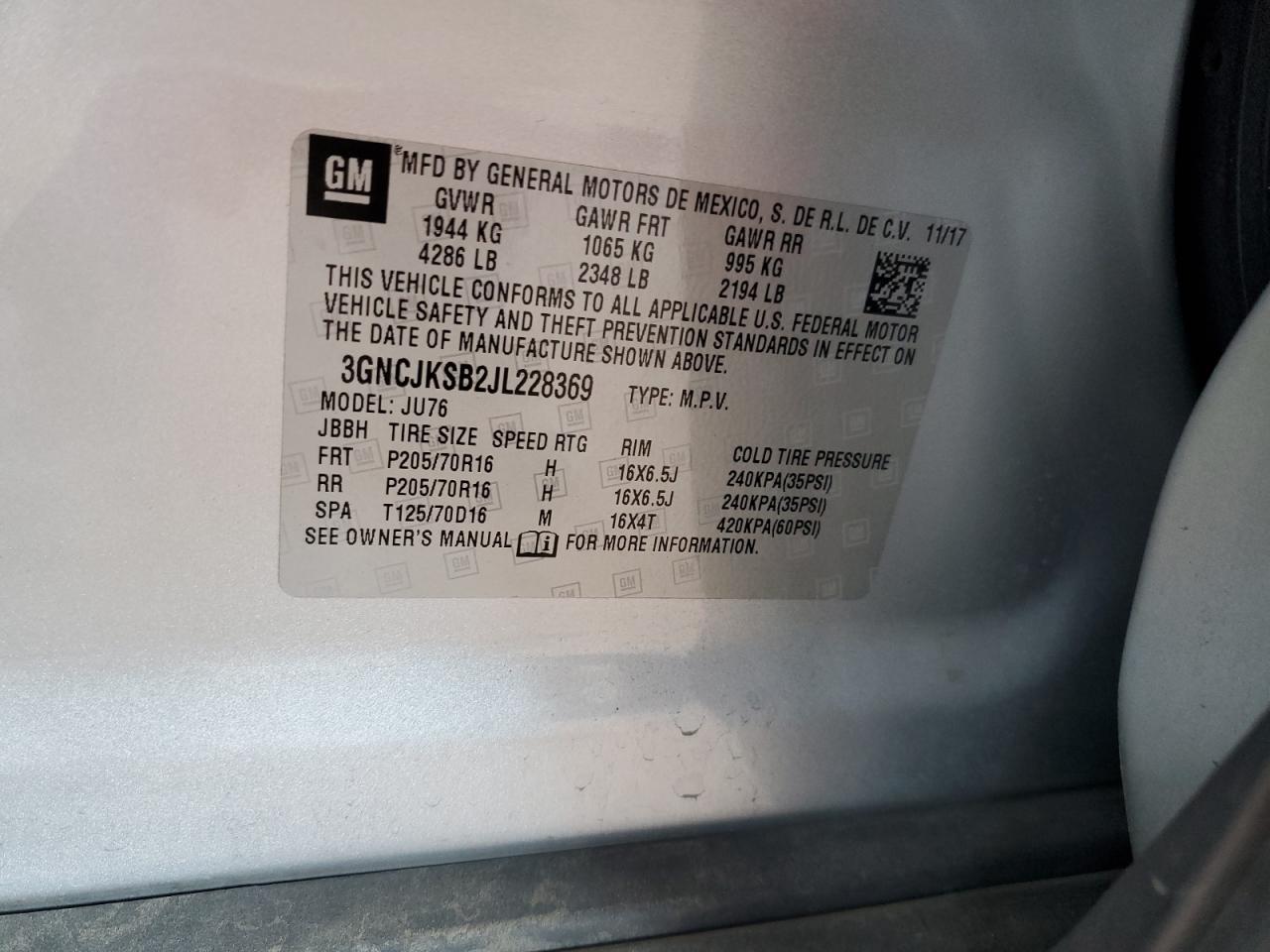 2018 Chevrolet Trax Ls VIN: 3GNCJKSB2JL228369 Lot: 82780285