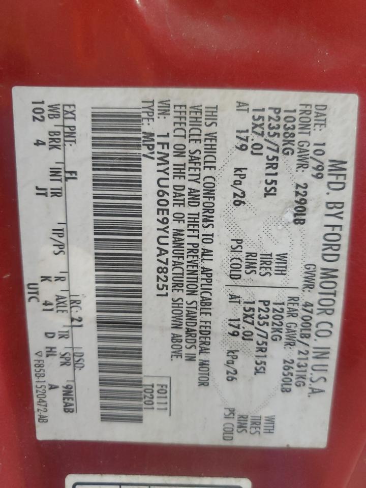 2000 Ford Explorer Sport VIN: 1FMYU60E9YUA78251 Lot: 85193865