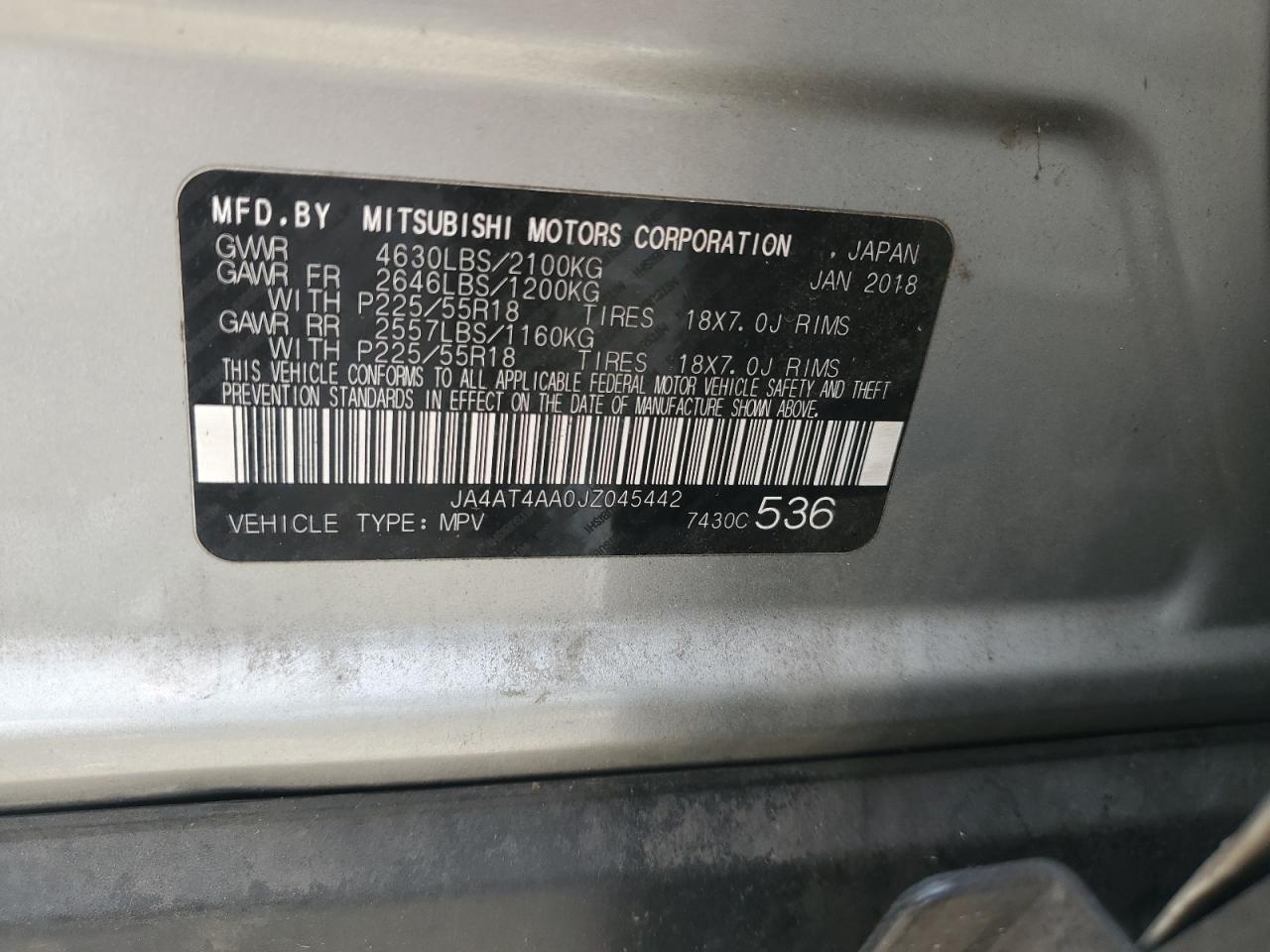 2018 Mitsubishi Eclipse Cross Le VIN: JA4AT4AA0JZ045442 Lot: 90326035