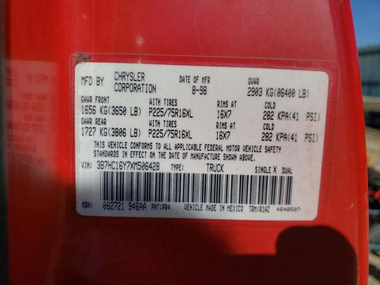 1999 Dodge Ram 1500 VIN: 3B7HC16Y7XM506428 Lot: 85660425