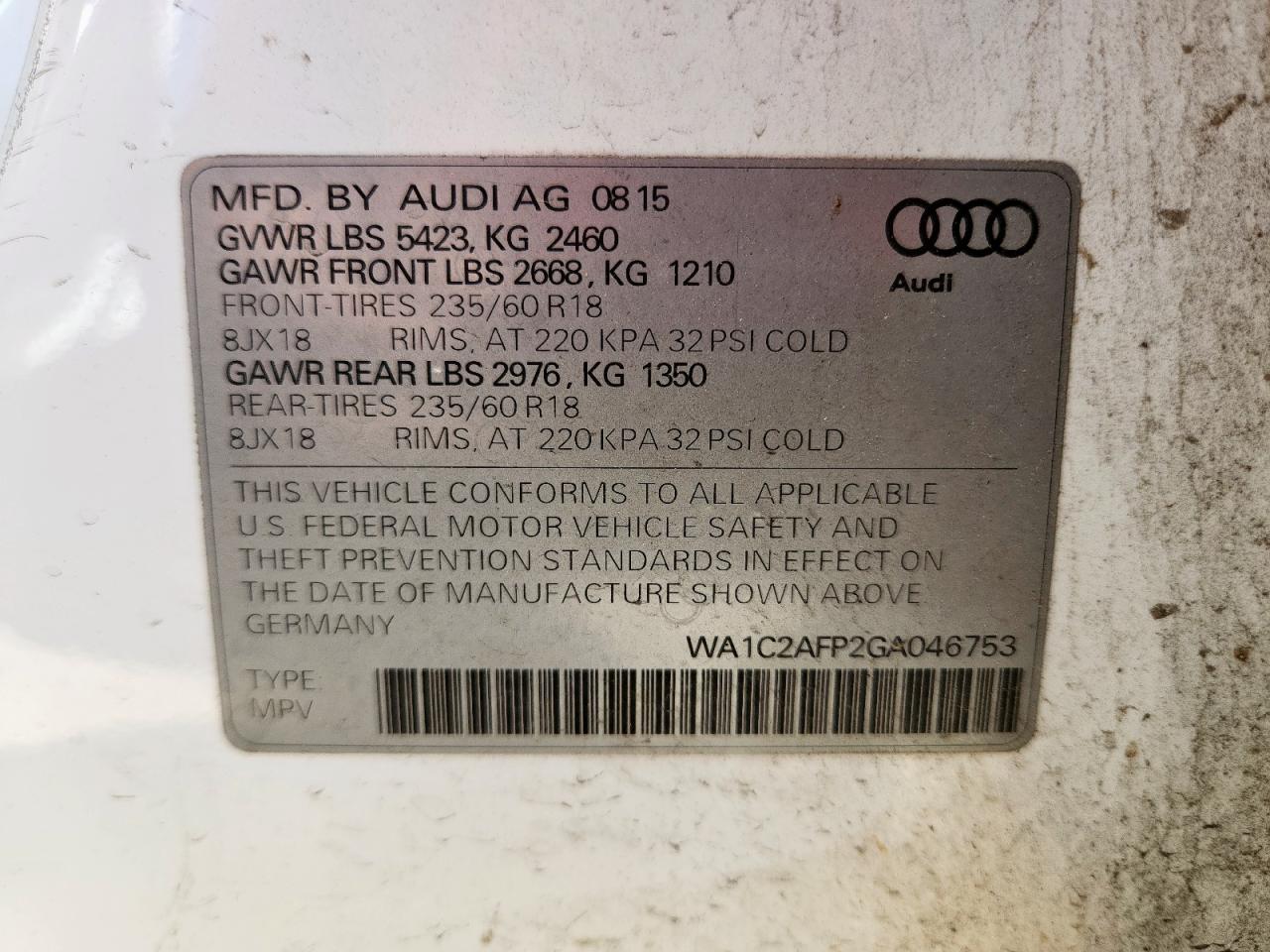 2016 Audi Q5 Premium VIN: WA1C2AFP2GA046753 Lot: 81135065