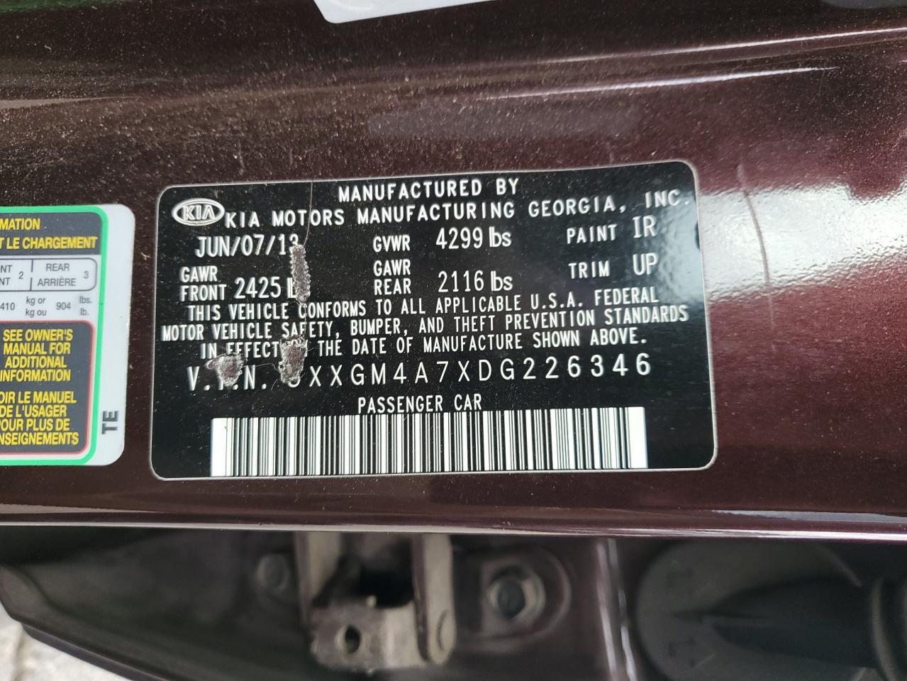 2013 Kia Optima Lx VIN: 5XXGM4A7XDG226346 Lot: 82267775