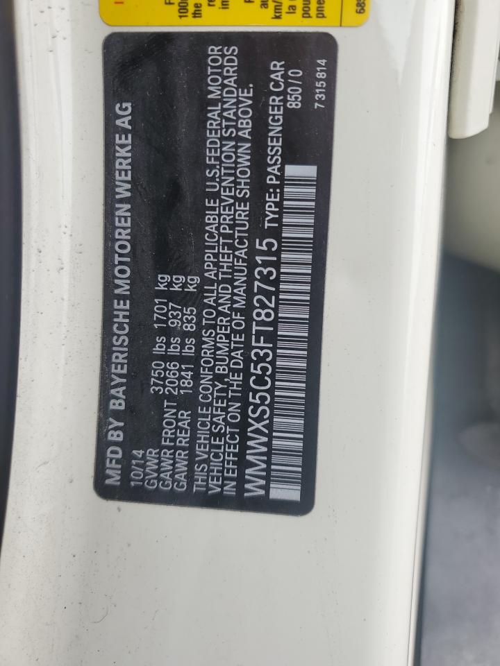 2015 Mini Cooper VIN: WMWXS5C53FT827315 Lot: 90102895