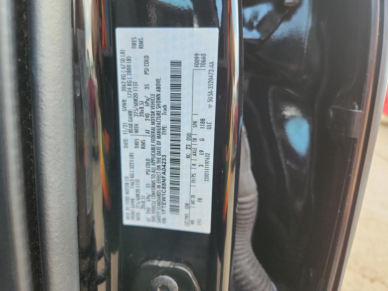 2022 Ford F150 Supercrew VIN: 1FTEW1C88NFA04233 Lot: 85495255