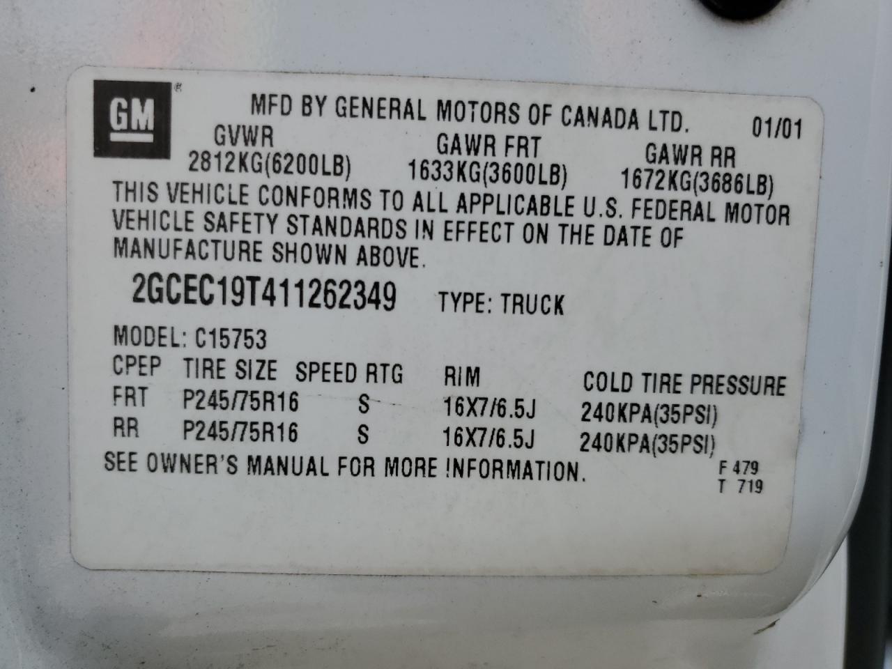 2001 Chevrolet Silverado C1500 VIN: 2GCEC19T411262349 Lot: 85665275