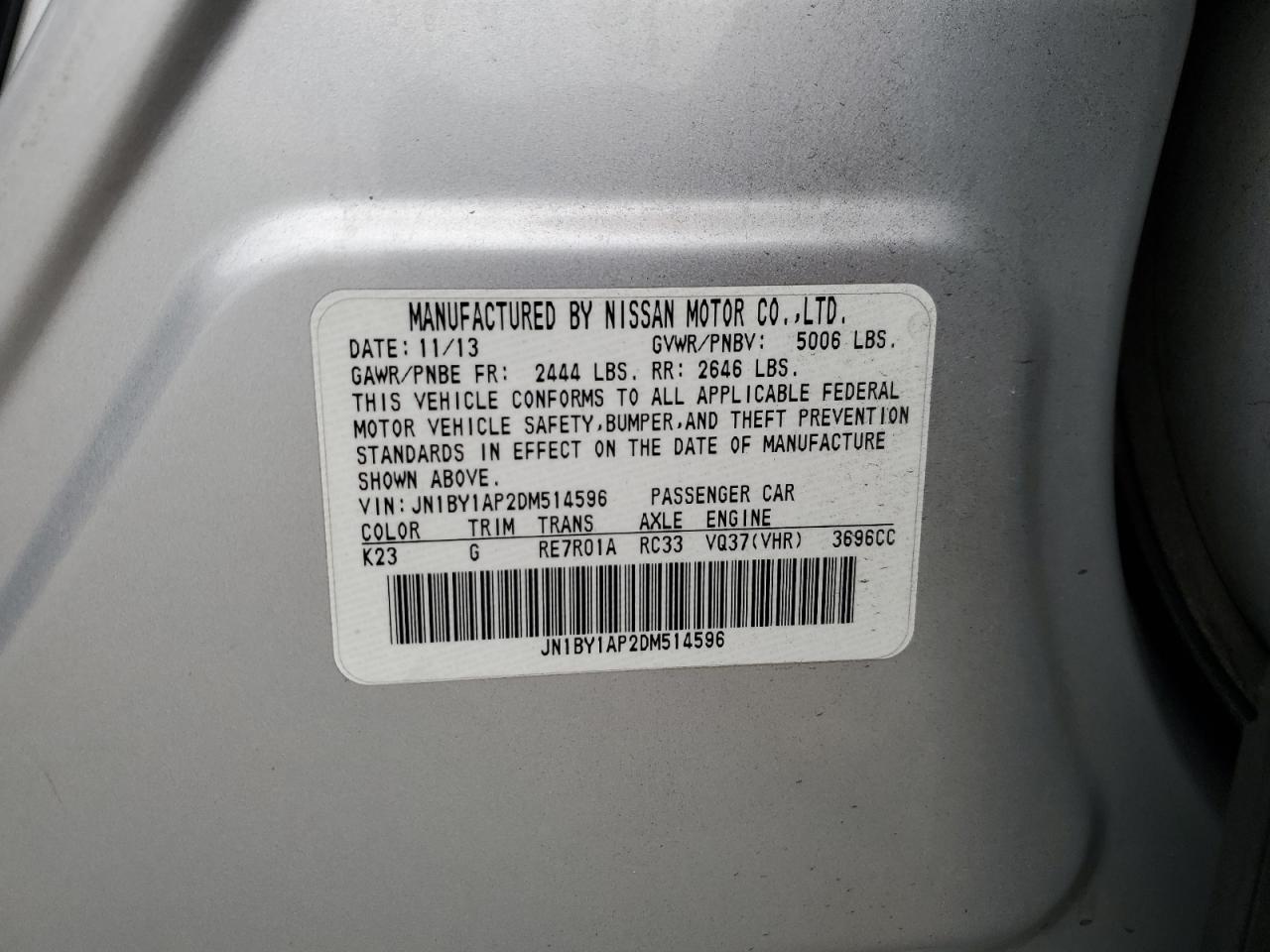 2013 Infiniti M37 VIN: JN1BY1AP2DM514596 Lot: 82297445