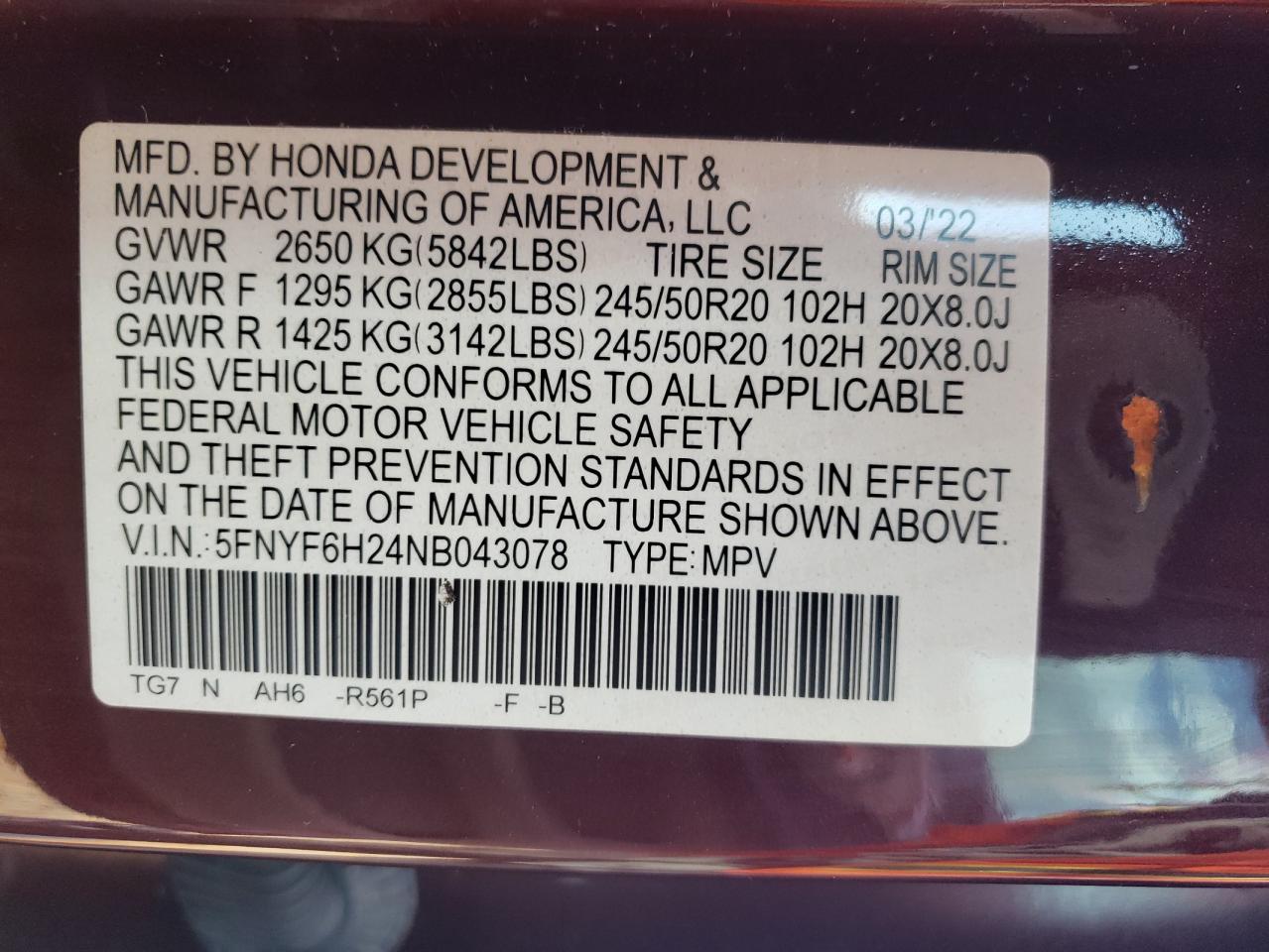 2022 Honda Pilot Se VIN: 5FNYF6H24NB043078 Lot: 85202035