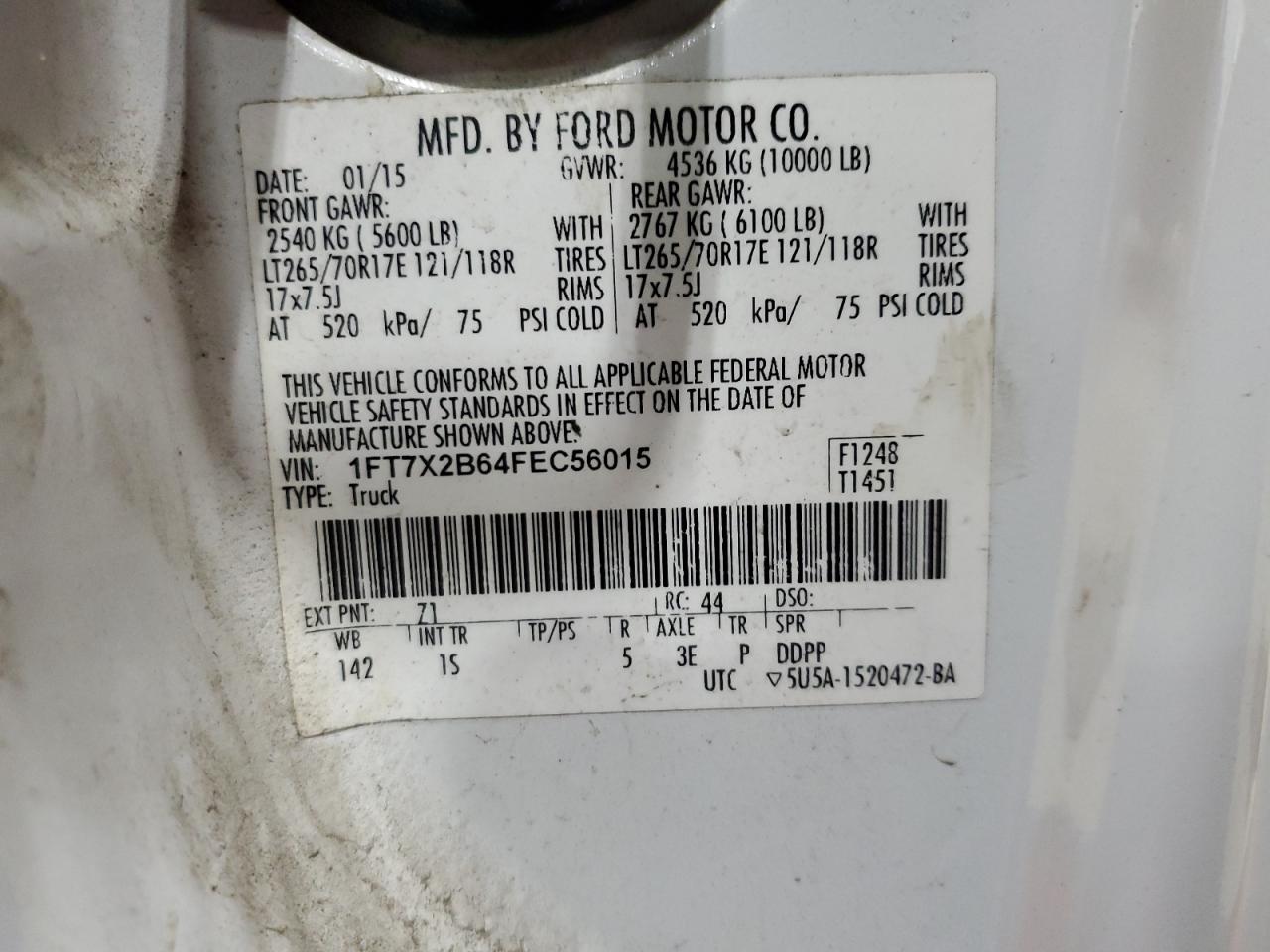 2015 Ford F250 Super Duty VIN: 1FT7X2B64FEC56015 Lot: 89659315